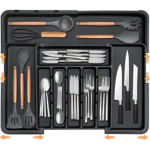 Black BPA-Free Polypropylene Square Silverware Organizer – Classic Durable Kitchen Utensil Drawer Tray with 6-9 Adjustable Fit Slots, Sliding Buckle, Water-Rinse Design for Spoons, Forks, Knives Flatware Storage Divider