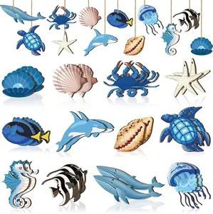 24PCS Summer Wooden Ornaments Ocean Beach Tree Decorations Coastal Wood Hanging Decor Beach Sea Animals Cutouts Hanging Ornaments Summer Decorations for Home Small Tree Party Office