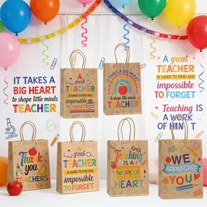 6 Kraft Back-To-School Gift Bags with Handles, Pencil, Ruler, Bus Design, 8.2x5.9x3.1 Inches, Teacher Appreciation Gift, Party Favors and Decorations