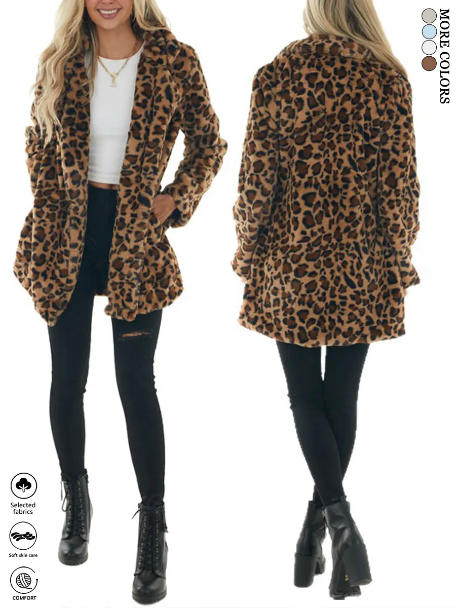 Ryvah women’s leopard-print faux fur jacket for autumn/winter, fleece-lined and thickened for warmth, long-sleeved zip-up plush outerwear—elegant women’s design suitable for everyday casual wear and gatherings, women’s clothing