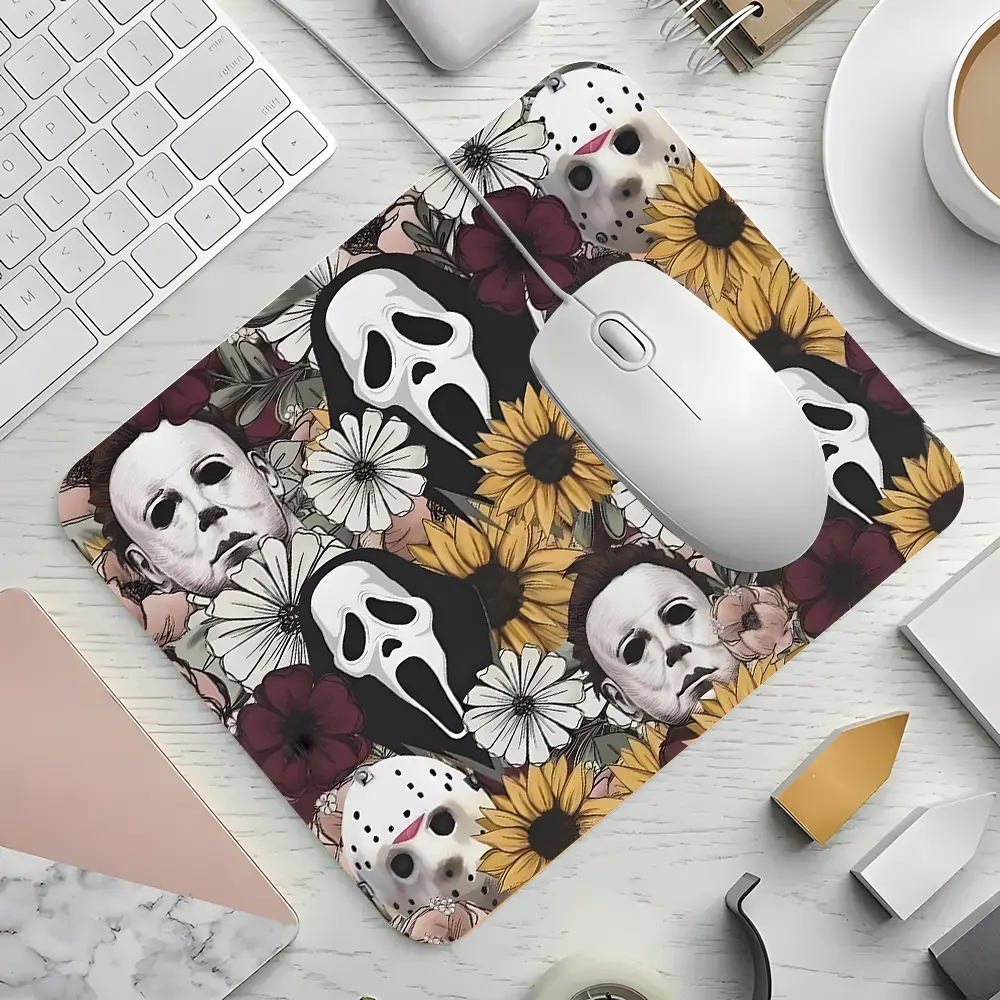 Happy Halloween Spooky Character Design Gaming Mouse Pad, Horror Movie Floral Desktop Decorative Protective Pad, Rubber Anti-slip Lockedge Work Pad, Small Size for Laptop, Desktop Computer Games, Work, Mouse Pads for Desk, Non Slip Mousepad