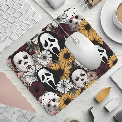 Happy Halloween Spooky Character Design Gaming Mouse Pad, Horror Movie Floral Desktop Decorative Protective Pad, Rubber Anti-slip Lockedge Work Pad, Small Size Suitable for Laptop, Desktop Computer Games, Work, Family, Mousepad Gaming