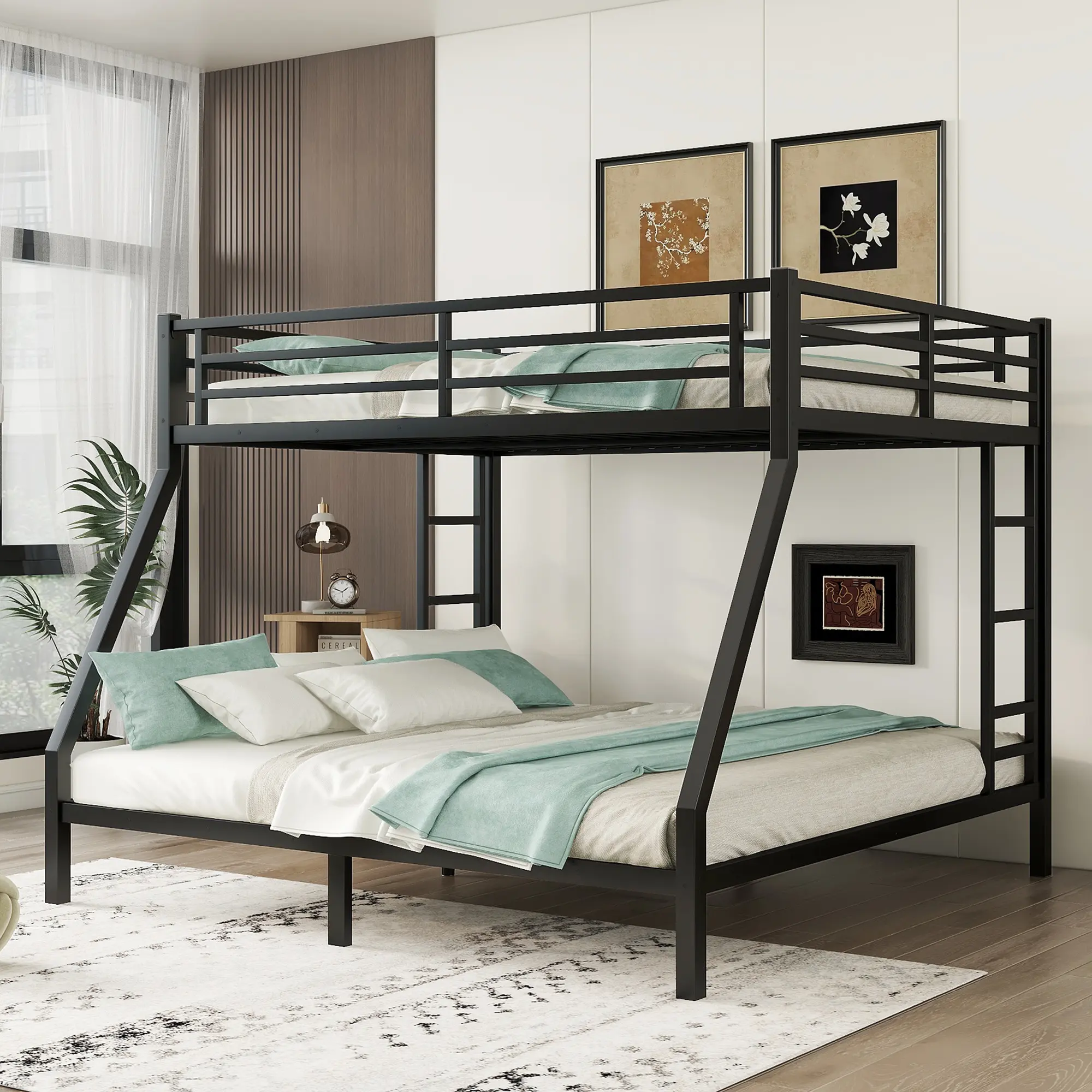 Queen Over King Bunk Bed, Metal Bunk Bed Frame Heavy Duty Bunk Beds Loft Bed Frame with Ladder and Guardrail Metal Slats No Box Spring Required for Adults Teens, Queen Over King Size