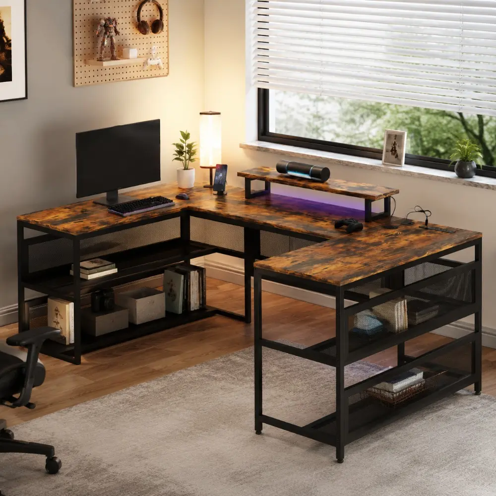 Littleox U Shaped Desk with Power Outlets & LED Strip & Monitor Stand, L Shaped Desk with Storage Shelf, Home Office Gaming Desk, Vintage