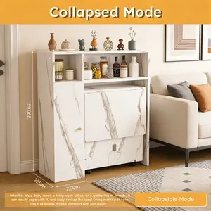 Multifunctional Folding Dining Table with Wall-Mounted Sideboard & Storage for Small Apartments - Space-Saving Foldable Desk & Table, White, 4-in-1 Power Outlet + USB, Silent Wheels, Locking Mechanism, Eco-Friendly, Apartment Essentials