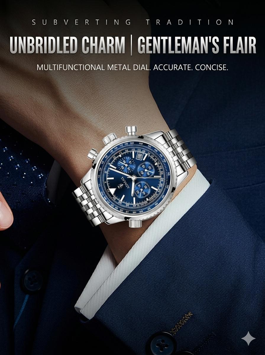 Swiss Luxury Men's Chronograph Watch - Multifunctional Business Quartz Watch, Luminous & Waterproof with Date Display