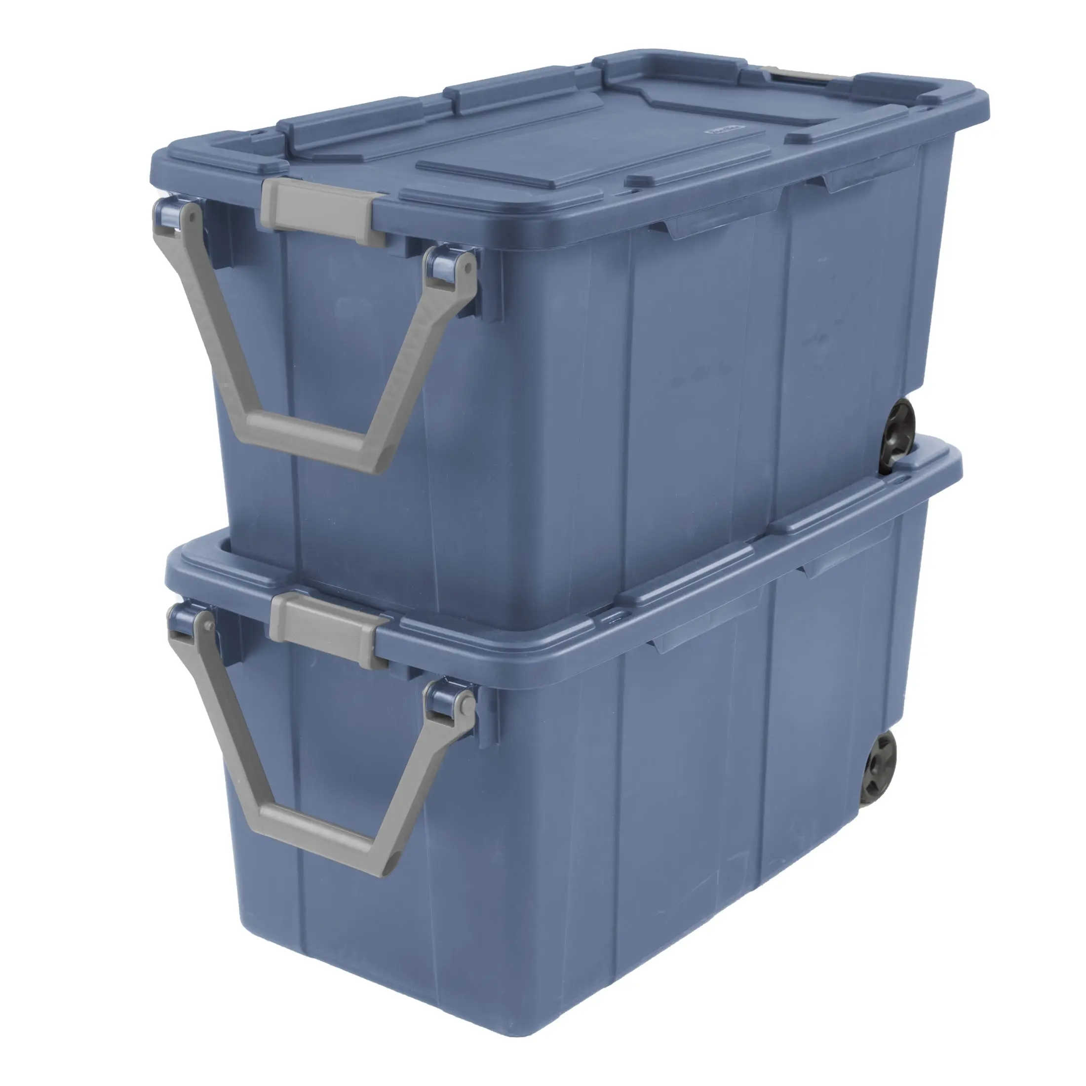 Sterilite Extra-Large Wheeled Industrial Storage Bin, 40 Gallon Durable Plastic Storage Tote with Latching Lid and Pull Handle, Blue, 2 Pack