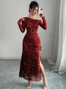 Elegant Tie-Dye Gradient Ruched Mesh Leopard Long Sleeve Asymmetrical Neck High Slit Dress, Women's Fashion Set, Slim-Fitting, All Seasons, Chic, Lady, Elegant Party Dress