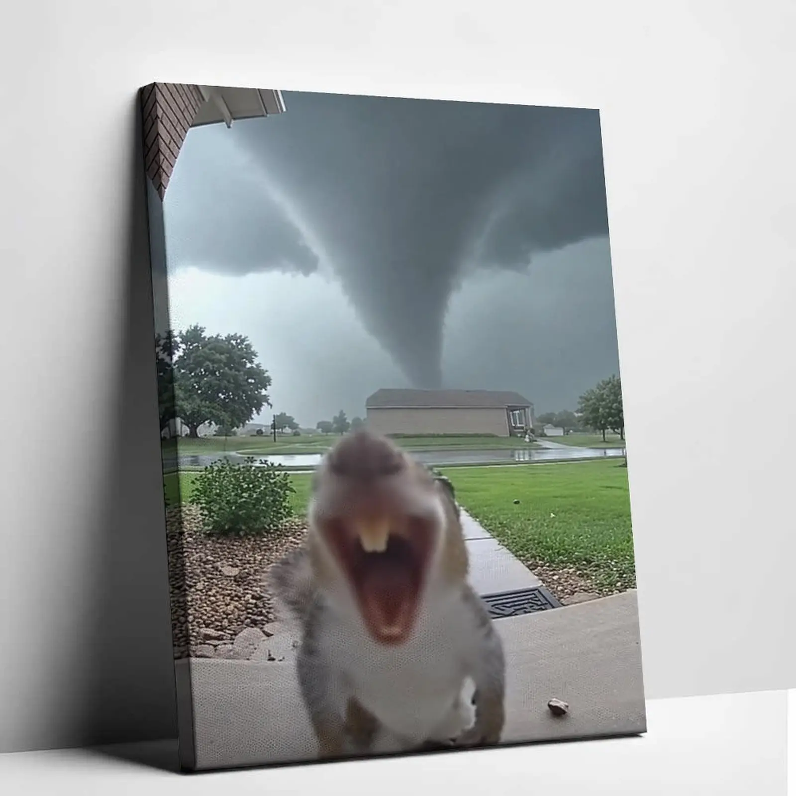 Funny Viral Internet Meme Canvas Wall Art Screaming Wild Squirrel and Giant Tornado Poster Print Humorous Animal Graphic Art Canvas Painting Unique Retro Picture Aesthetic Home Office Living Room Wall Decor Artwork