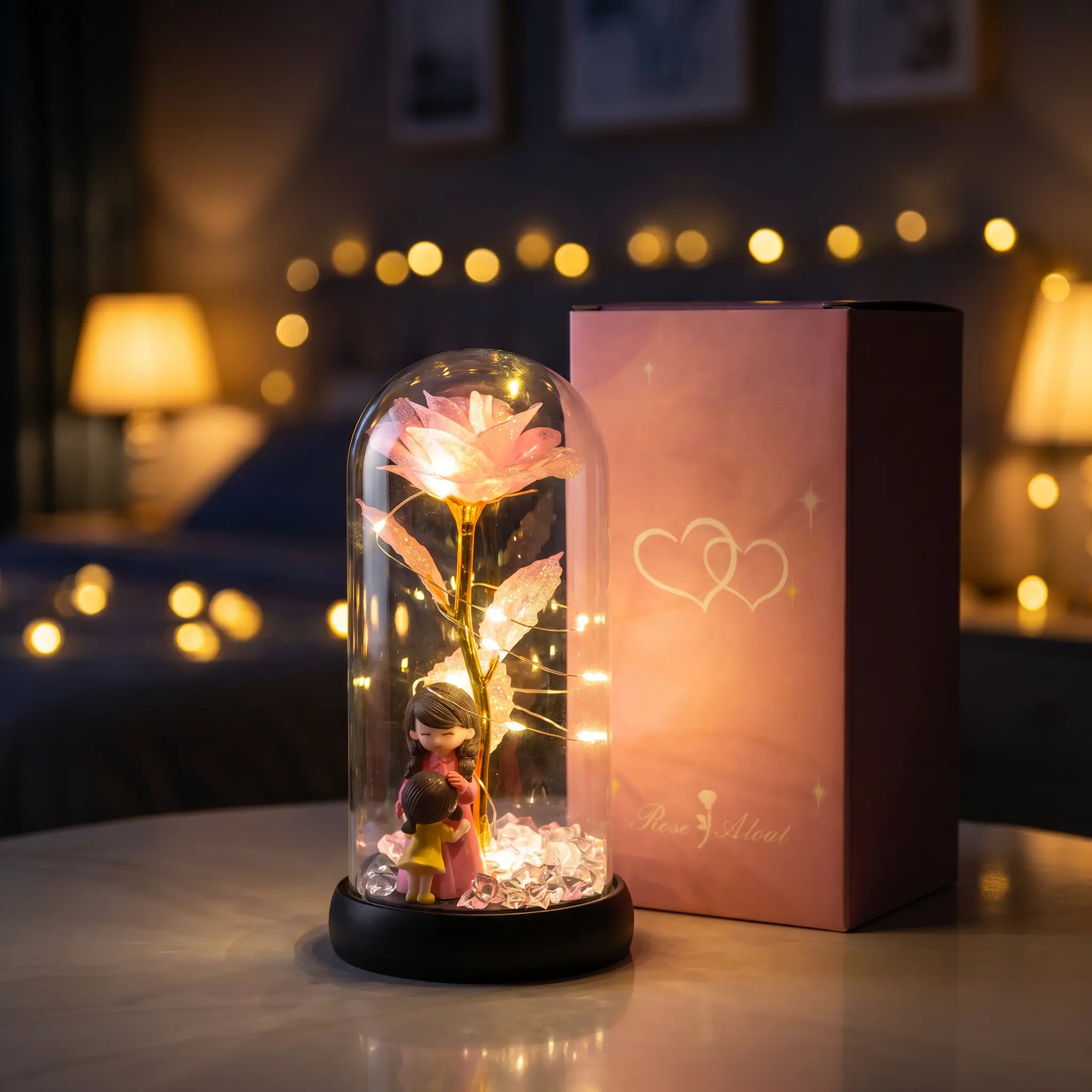Anniversary Everlasting Rose Night Light, With a Mother-And-Child Figurine Gift Box — Battery-Powered LED Art Display Lamp, Home Decor, eternal flower Suitable As Gifts For Women for Mother’s Day, Valentine's Day and Christmas,  happy Birthday Gifts