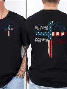 American Flag Cross Design Men's T-Shirt 180g Pure Cotton T-Shirt Men's Sport Casual Stand For The Flag Kneel For The Cross Patriotic Religious Statement Summer And Spring Wear Gift For Christian Men And Patriotic Fathers
