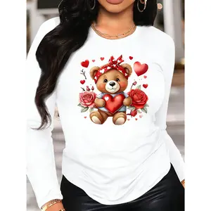 Women's Casual Long Sleeve T-Shirt, Cute Teddy Bear Hugging Heart Rose Print, Soft Round Neck Top, Machine Washable, All-Season Versatile Multiple Colors Available, Teddy Bear Pattern T-Shirt, Daily Comfort, Non-See-Through Material