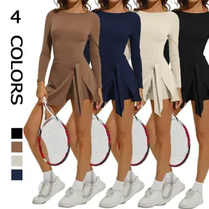 All-in-one Yoga Wear Fake Two-piece Skinny Athletic Dress Anti-walking Yoga Fitness Tennis Skirt - Machine Washable Sporty Women's 2-in-1 Sports Dress with Tie Front Design and Split Hem