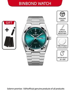 BINBOND Fashion New Stainless Steel Buckle Men's Business and Leisure Analog Quartz Watch Scratch Resistant Thin Double Calendar Men's Watch