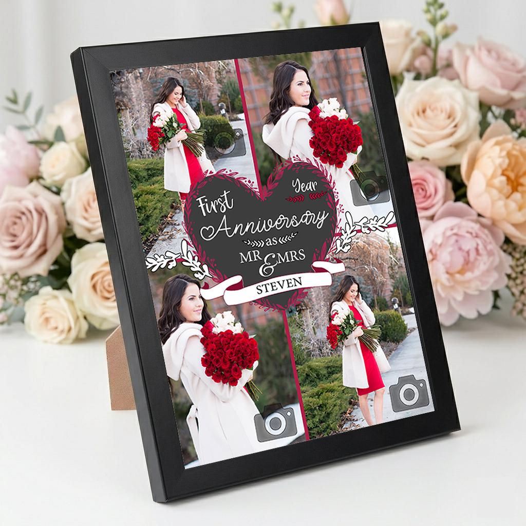 Custom 1st Anniversary Photo Collage Frame – Personalized Mr. & Mrs. Gift for Couple | 8x10 Black or White Frame & Print Options
