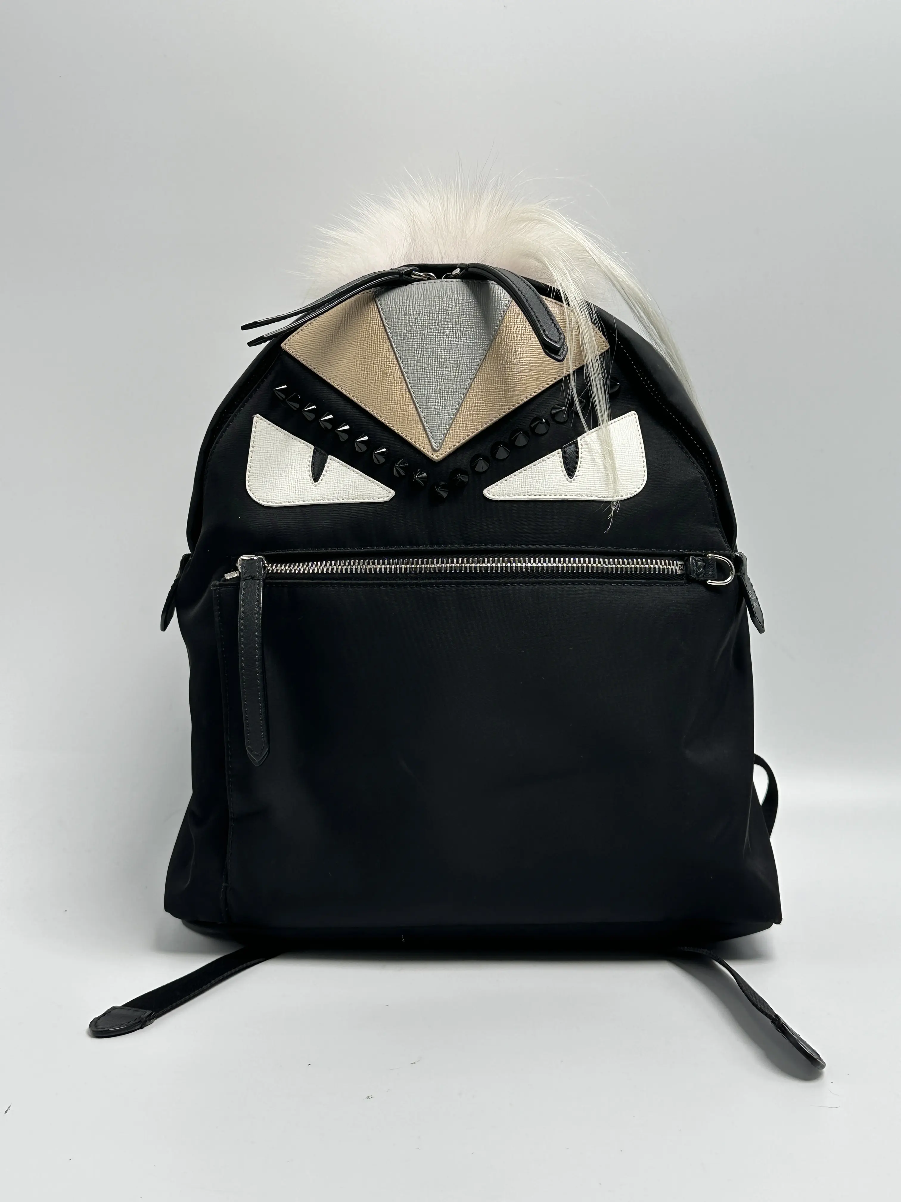Pre-owned FENDI Nylon and Leather Backpacks Bag Bugs Monster Backpack Black FJ002FD