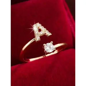 Fashionable A-Z Elegant Initial Alphabet Design Ring, Elegant Everyday Ring, Adjustable Open Design with Cubic Zirconia, Wedding Love Couple Ring, Gift for Women and Girls, Personalized Alphabet Ring