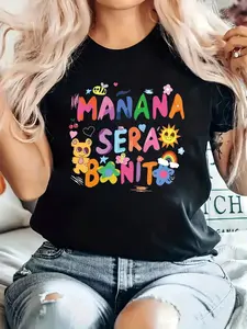 100% Cotton Manana Sera Benit Print T-Shirt, Casual Crew Neck Short Sleeve Comfort Tee Top For Spring & Summer, Women'S Clothing