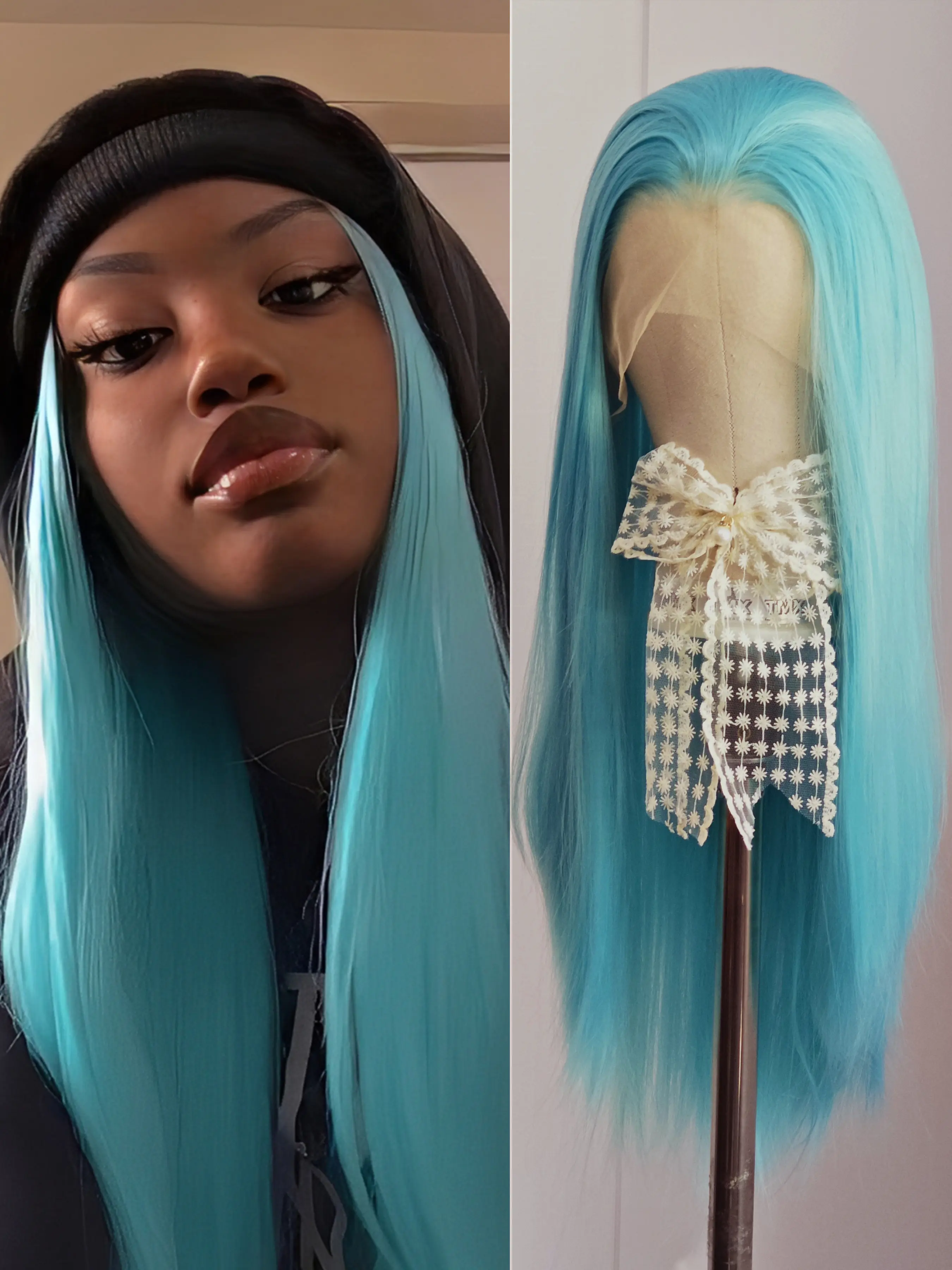 Sky Blue Straight Synthetic Wig Natural Hairline Heat Resistant Blue Fiber Hair Lace Front Wigs Glueless Wig 13*4 Transparent Lace Hair for Unisex Party Cosplay Use High Quality Wigs