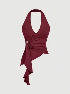 Women's Casual Halter Tie Metal Buckle Fitted Asymmetric Hem Tank Top, Red Top
