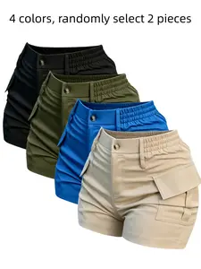4pcs Set: Randomly Two Pairs Of Street Women's Pocket Work Shorts, High-waisted Casual Shorts, Five-point Workwear, Buttoned Double-pocket Tactical Women's Shorts. Women's Fashionable Women's Wear, Suits, Bestie Outfits