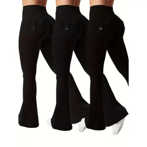 3pcs Of Black, Gray And Green Fashionable Workwear Style Bell Bottoms, Women& #   39;s Casual Bell Bottoms, High Waist Pocket Sportswear, Work Style Peach Hip Pants, Sports Quick-drying Tummy Control Butt Lifting Trousers Flare Le