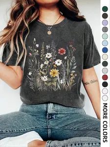 Women's Floral Print Round Neck Basic Tee, Casual Drop Shoulder Short Sleeve T-shirt, Ladies Summer Outfit Top Womenswear Fabric