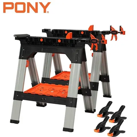 #toolupgrade PONY 2-Pack Clamping Sawhorses, 1200 LBS Load Capacity, 30-3/4" Folding Sawhorse with 12” F Clamps, Bench Dogs, Angle Clamps, 2" Spring Clamps, Steel Legs, Heavy Duty for Woodworking
