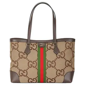 Gucci Ophidia Medium Tote Bag with GG Logo and Canvas-Leather Blend for Women in Camel and Ebony