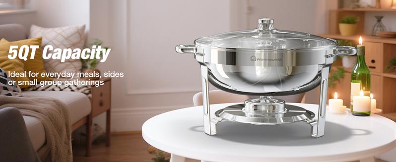 WARMOUNTS Round 5QT Chafing Dishes for Buffet with Glass Lid (2/4/6-Pack) | Chafers and Buffet Warmers for New Year‘s Party & Winter Gathering | Wedding & Catering