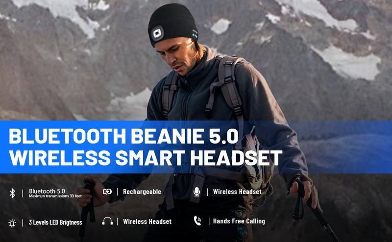 Bluetooth Beanie with a Light, Unisex USB Rechargeable 4 LED Fashlight Hat with Cordless Headphones, Unique Christmas Birthday Gifts for Men Him Husband Teen Black