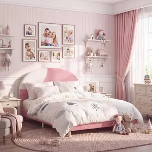 Full Bed Frame with Round Boucle Headboard, Upholstered Arch-Shaped Design in Soft Pink and White, Modern Kids Bed with Wooden Slats, No Box Spring Required and Easy Assembly