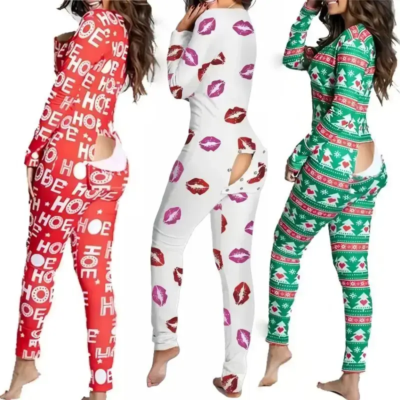 Christmas Cartoon Pajama Jumpsuit for Women New Year Button-down Front Back Ass Flap Jumpsuit Xmas Print Loungewear comfort womenswear top cute plush sexy top slim Christmas Cartoon Pajama Jumpsuit for Women New Year Button-down Front Back Ass Flap Jumpsuit Xmas Print Loungewear comfort womenswear top cute plush sexy top slim