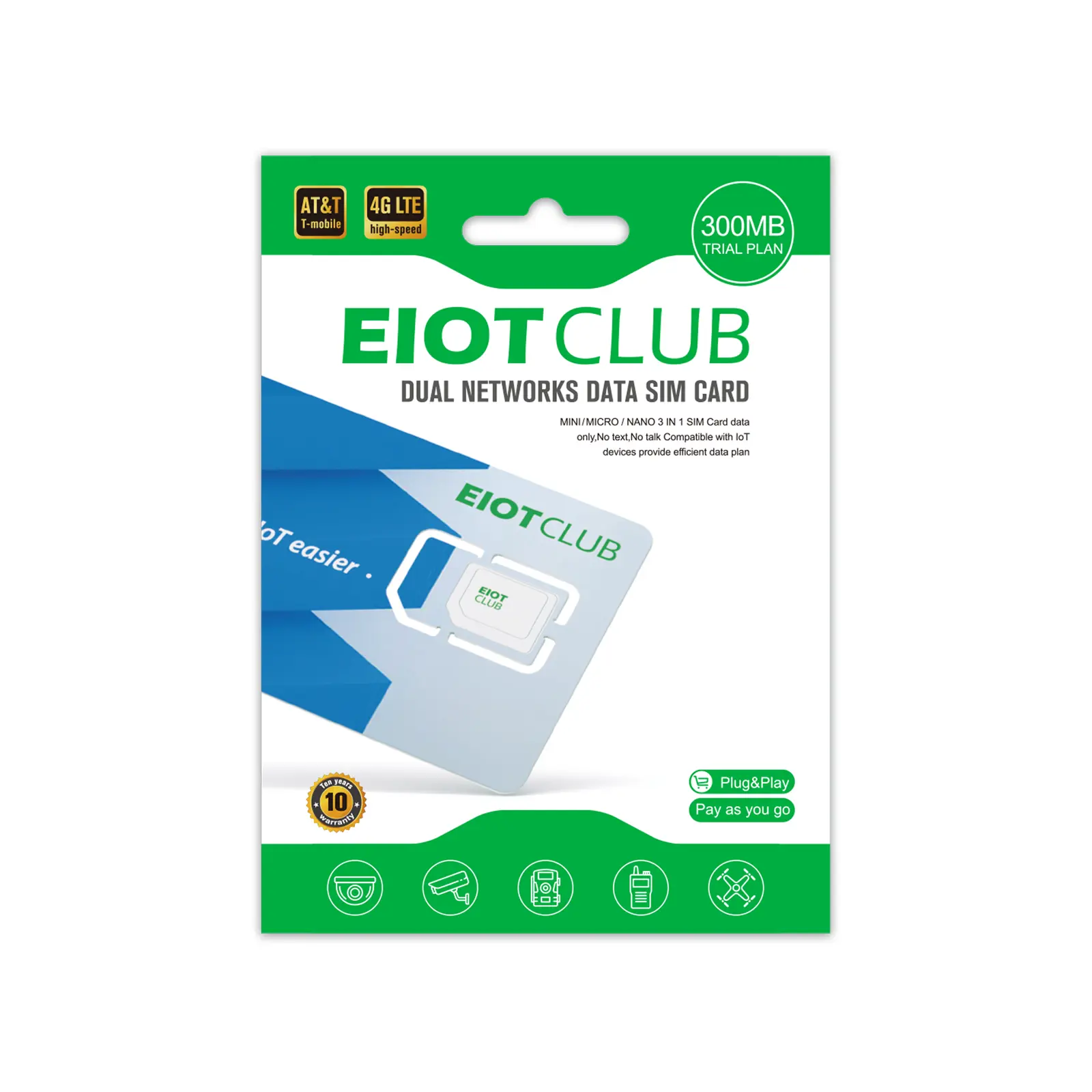 EIOTCLUB 300MB LTE Prepaid Cellular SIM Card - USA AT&T & T-Mobile Networks, 30-Day Data-Only Service for Security Cameras, Mobile Phones, Tablets, Watches, Easy Setup, 3 Standard Sizes, Warranty Included