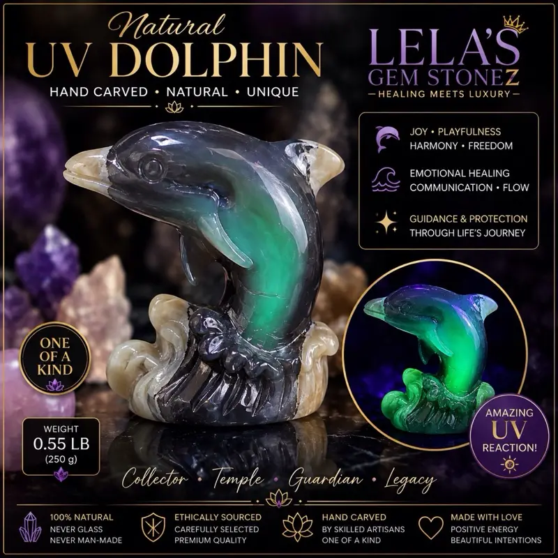 Lela's Gem StoneZ Natural UV Dolphin Hand Carved Gemstone Sculpture with Strong Green Fluorescence for Luxury Crystal Collections and Mineral Enthusiasts Home