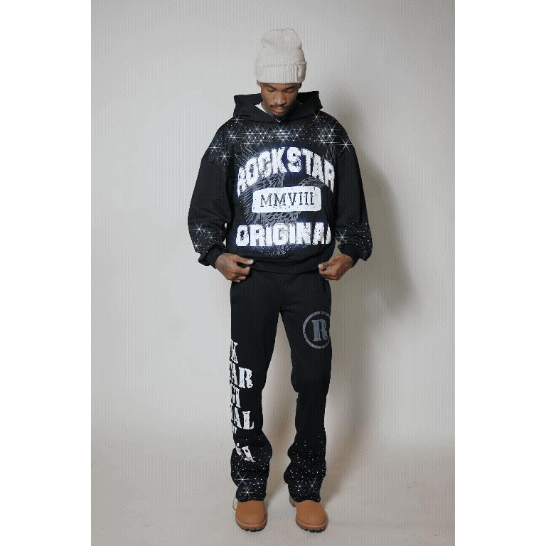Borya Black Rhinestone Hoodie/Stacked Pant Track Set