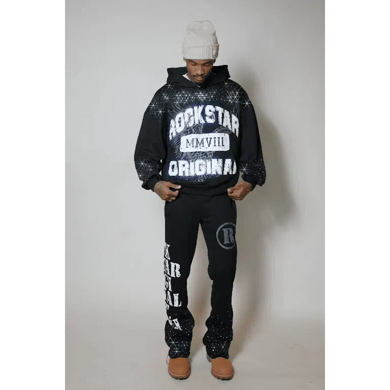 Borya Black Rhinestone Hoodie/Stacked Pant Track Set