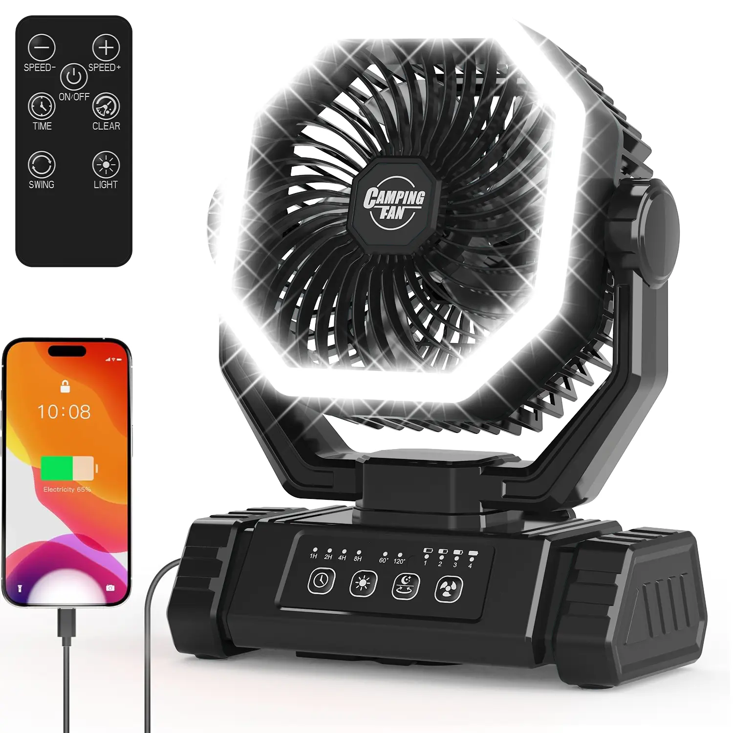 20000mAh Rechargeable Camping Fan with LED Light, Auto-Oscillating, Remote, Hook, 4 Speeds, Timer – Portable Battery Operated Tent Fan for Camping, Jobsite, Hurricane, Fishing