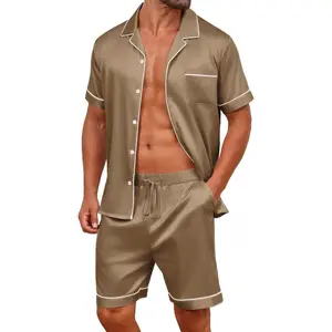 Mens Satin Silk Pajamas Sets Short Sleeve Button-Down Sleepwear Two Piece Loungewear with Pockets