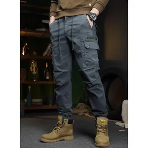 Men’s cargo pants with multiple pockets, loose comfortable regular fit, casual ankle-cuffed drawstring trousers for spring summer autumn winter, multifunctional fashion solid color outdoor sports grey cotton spandex