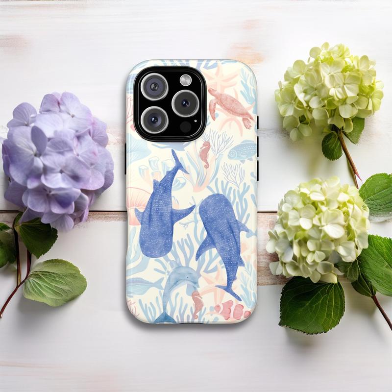 Whale Shark Coral Reef Tough Phone Case, Marine Life Cover, Sea Creatures, Dolphin, Turtle Applicable to iP15Promax ip14Pro mobile phone case 12 trendy brand 13 anti-fall cover 14Promax 15Pro cute Plus phonecase Accessories Acrylic casetify