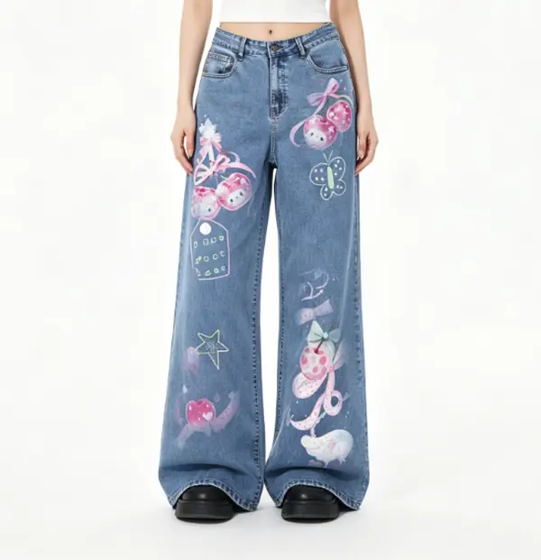 Women's Fairycore Jeans with Cute Pastel Cherry & Butterfly Print - High Waist Wide Leg Loose Fit Aesthetic Denim Trousers
