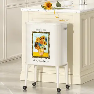 Metal Kitchen Trash Can with Wheel Legs, 36L / 9.5gal Medium Press Lid Slim Waste Basket, Pet Proof Tall Narrow Garbage Pail for Vanity, Bedroom, Bathroom, Living Room, Sunflower