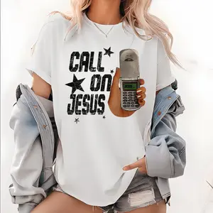 "Call On Jesus" graphic tee with a vintage flip phone, soft cotton, ideal for casual Christian outfits.