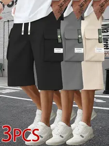 Men’s casual drawstring shorts, 3-pack, suitable for summer outdoor activities and work; 100% polyester fabric; non-stretch; solid color; regular fit; with pockets