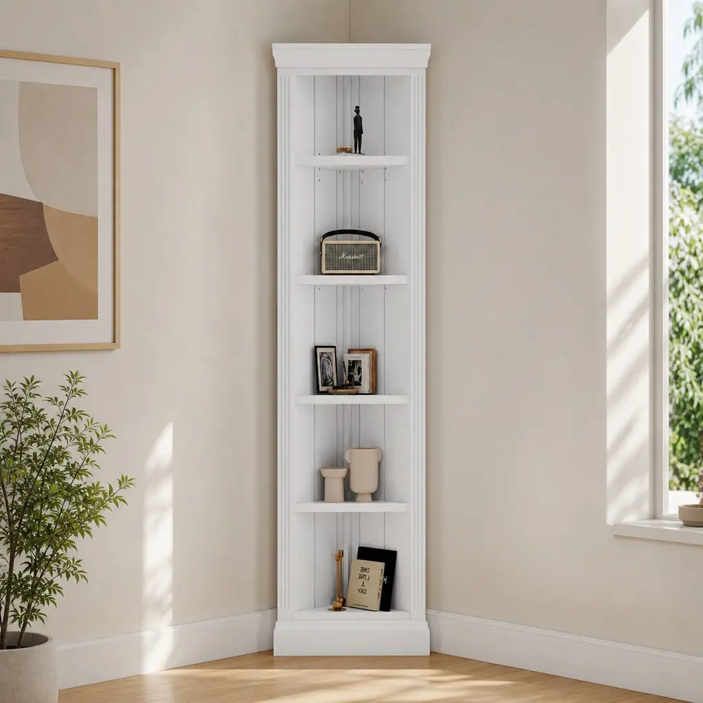 83.4" Tall 5-Tier Corner Bookcase, Modern Standing Shelf Unit, Open Storage Display Rack for Living Room, Home Office, White Solid Wood+MDF, 55 lbs Per Tier, Anti-Tip Kit Included, White Color Options, Solid Wood+MDF Material