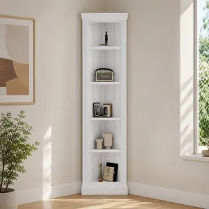 83.4" Tall 5-Tier Corner Bookcase, Modern Standing Shelf Unit, Open Storage Display Rack for Living Room, Home Office, White Solid Wood+MDF, 55 lbs Per Tier, Anti-Tip Kit Included, White Color Options, Solid Wood+MDF Material