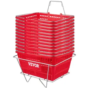 VEVOR 12-Pack Red Plastic Shopping Basket Set, Sturdy Polyethylene with Handles & Stand, 16.9"L x 11.8"W x 8.07"H, 21 L/5.6 Gal Capacity, Suitable for Stores & Groceries