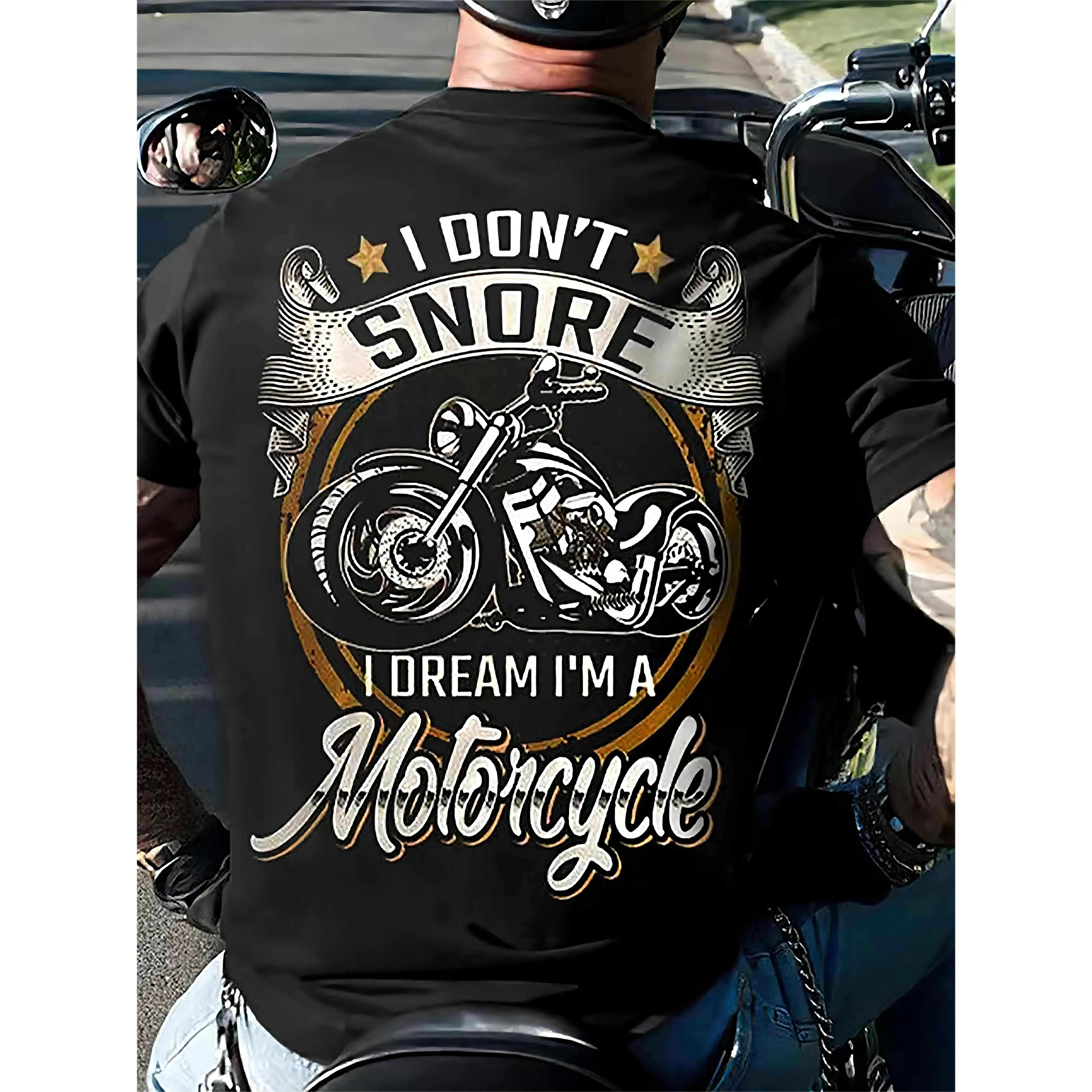 Men's Motorcycle Graphic T-Shirt - Funny Biker Saying "I DON'T SNORE I DREAM - MOTORCYCLE" - Black Tee with Golden & White Accents - Breathable Summer Shirt for Motorcycle Enthusiasts & Casual Outfits