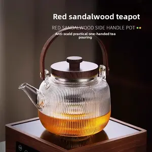 Red Sandalwood Teapot 900ml Vertical Striped Walnut Wood Handle Kettle High Temperature Resistant Glass Water Kettle for Household Tea Brewing Flower Tea pot Glass Teapot Wooden Tea Pot Set